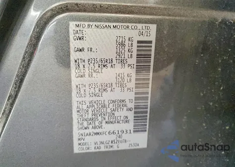 2015 Nissan Pathfinder S z USA, uszkodzony, nr VIN 5N1AR2MMXFC661931